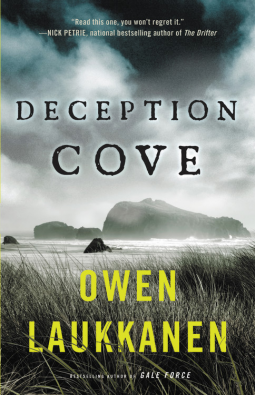 Book cover of Deception Cove by Owen Laukkanen shows title, author's name, and a low view of a Pacific Northwest shoreline, with tall grass, rocky coastline, and a rocky island in the distance under a cloud-filled sky. 