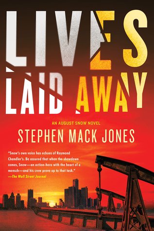 Cover of Lives Laid Away shows Detroit's skyline at sunset, with a red sky and a barge in the foreground on the Detroit Rive.