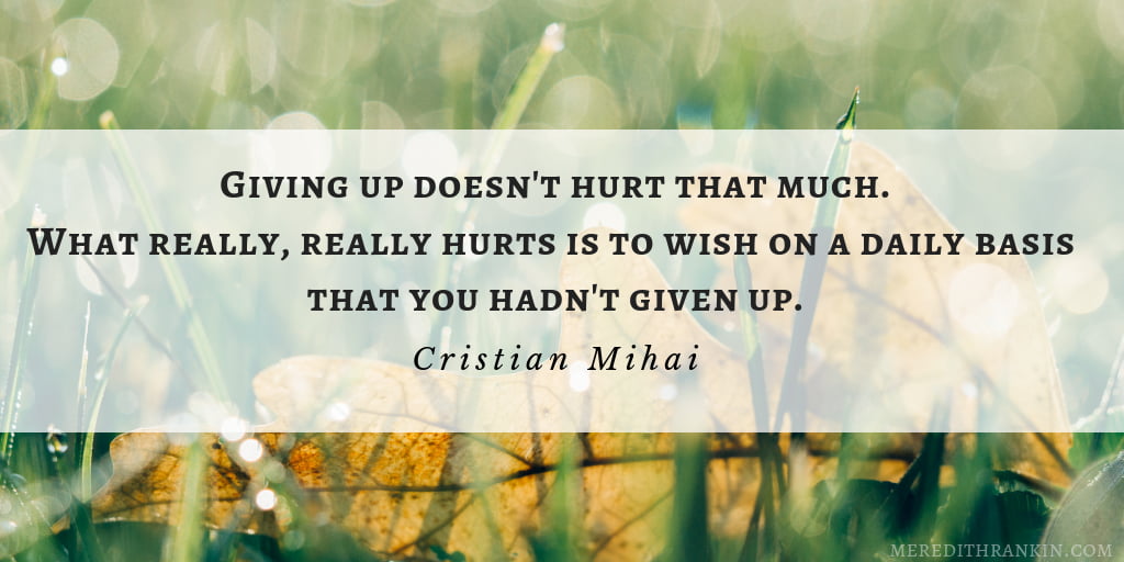 Cristian Mihai quote. Giving up doesn't hurt that much. What really, really hurts is to wish on a daily basis that you hadn't given up. Background is close-up photo of green grass blades and yellow leaves.