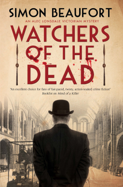 Cover of Watchers of the Dead by Simon Beaufort shows a man in a bowler hat walking down a sepia-toned corridor. #Netgalley #WatchersOfTheDead