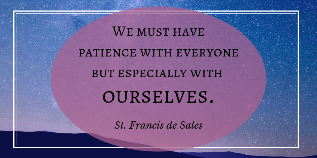 Quotation from St. Francis de Sales. We must have patience with everyone but especially with ourselves. Background shows dark blue sky.