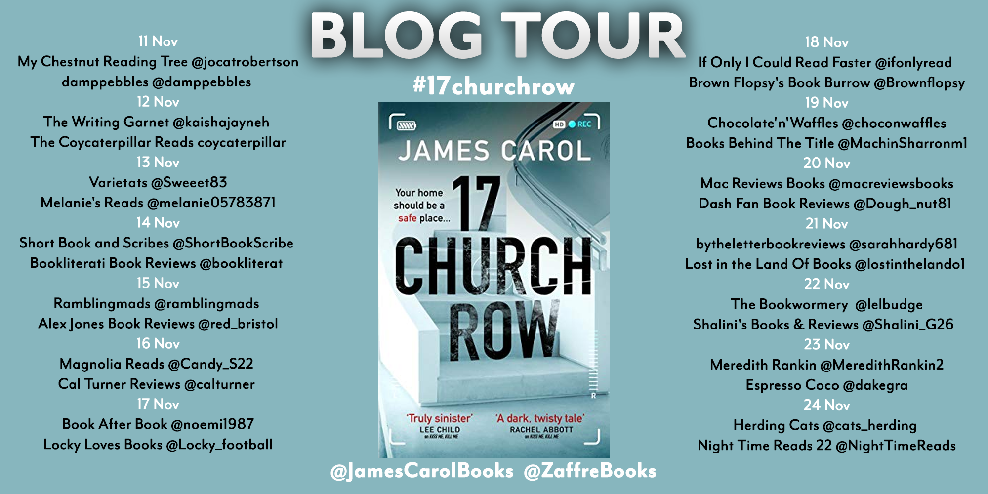 Shows the blog tour schedule for 17 Church Row by James Carol