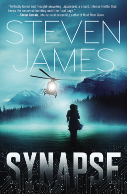 Book cover of Synapse by Steven James shows title, author, and silhouette of woman running as a helicopter looms in the distance.