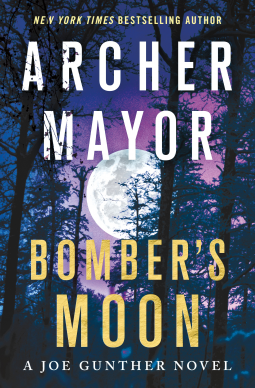 Book cover of Bomber's Moon by Archer Mayor shows title, author, and full moon rising behind a forest.