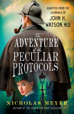 Book cover for The Adventure of the Peculiar Protocols by Nicholas Meyer shows title, author, subtitle reading "Adapted from the journals of John H. Watson." Background shows back of man in overcoat smoking a pipe, with a woman's face in the foreground.