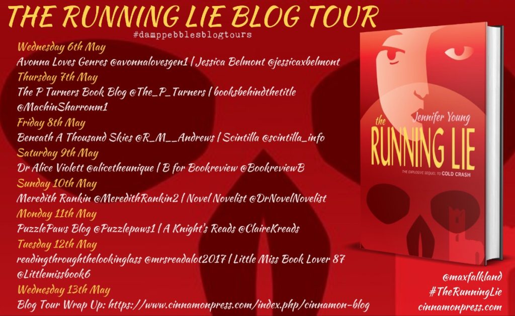 Blog tour poster for The Running Lie by Jennifer Young