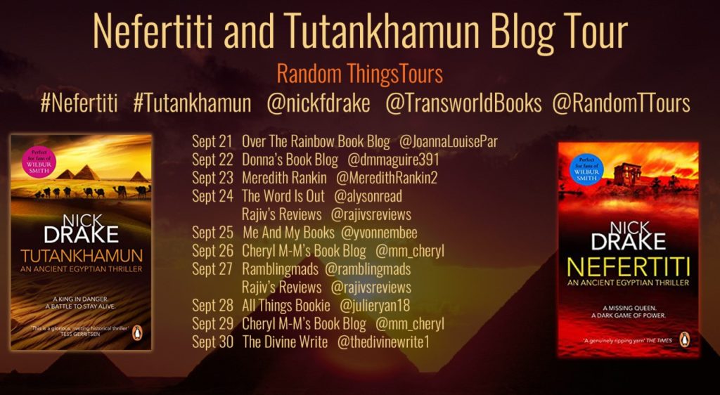 Blog tour poster for Nick Drake Nefertiti and Tutankhamun