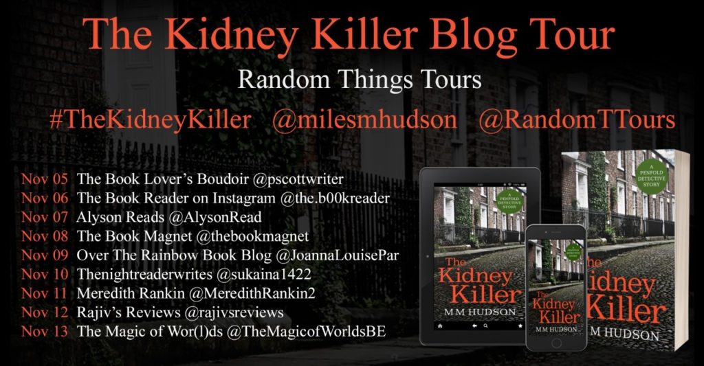Blog tour poster for The Kidney Killer by Miles Hudson (MM Hudson) 