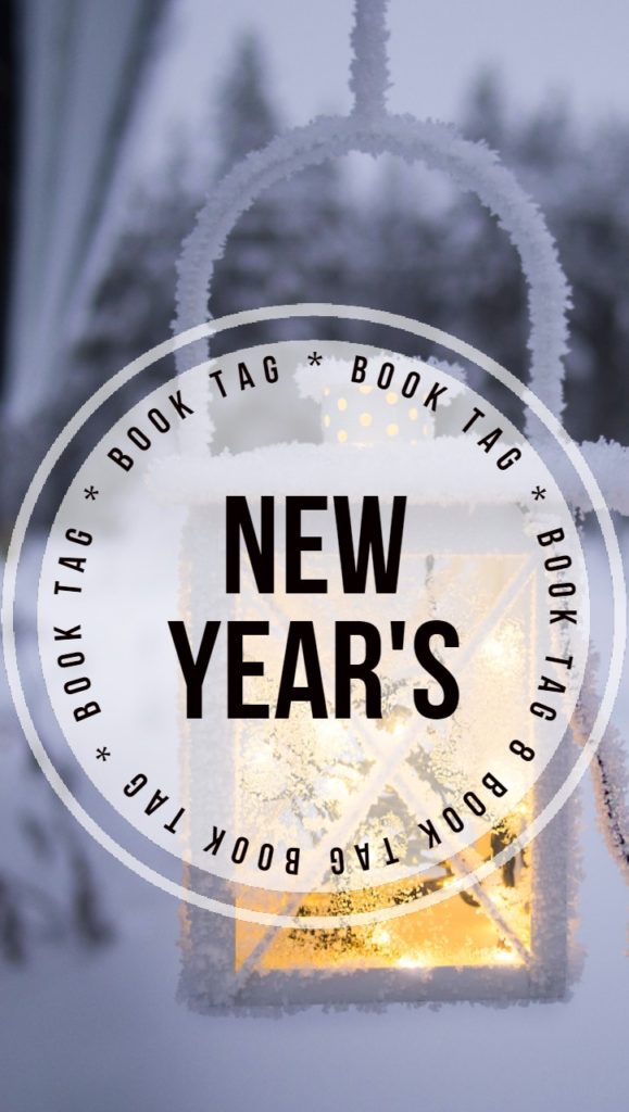 2021 new year's book tag pin shows lit lantern in a snowy outdoor scene. Title reads: new year's book tag 