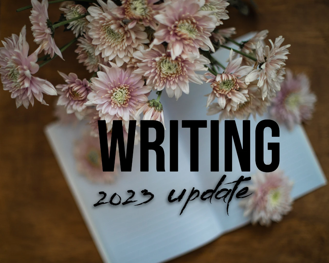pink flowers on white blank notebook with the words "writing: 2023 update"